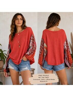 Free People We The Free Womens Oversized Coral Mixed Print Boho Top  Small